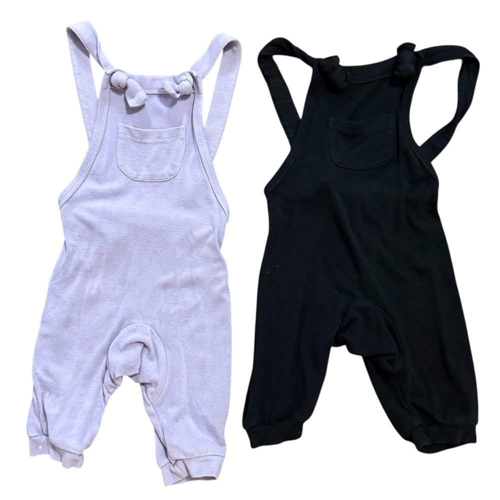 Set of Two Kyte Baby Overalls in Black and Light Purple 6-12 months